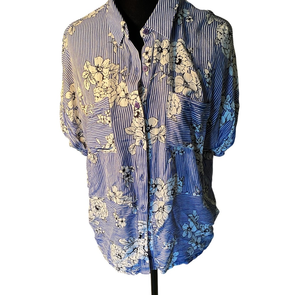 Blue Puff Sleeve Button Down Shirt with Dress Collar